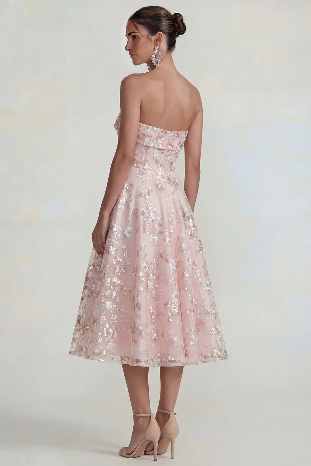 Sparkly Flower Appliqued Pink Strapless A Line Midi Dress sold by Zapaka product image thumbnail 2