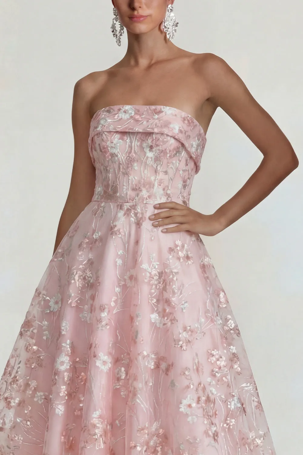 Sparkly Flower Appliqued Pink Strapless A Line Midi Dress sold by Zapaka product image thumbnail 4