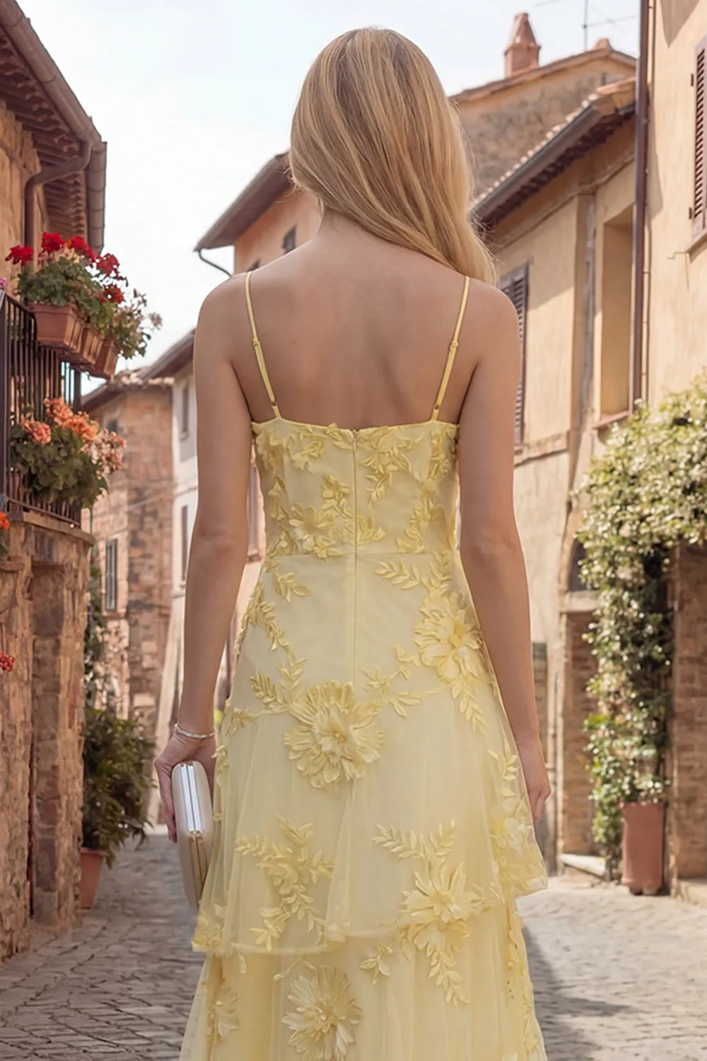 Yellow A-Line Spaghetti Straps Tiered Long Prom Dress with Floral Embroidery sold by Zapaka product image thumbnail 4