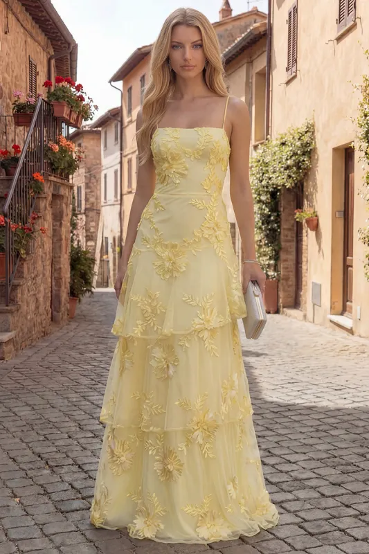 Yellow A-Line Spaghetti Straps Tiered Long Prom Dress with Floral Embroidery made by Zapaka