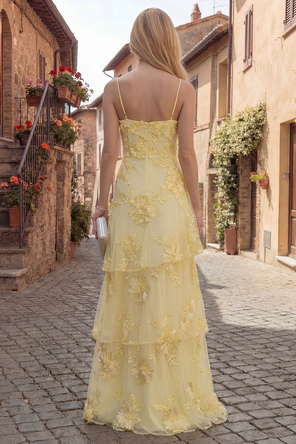 Yellow A-Line Spaghetti Straps Tiered Long Prom Dress with Floral Embroidery sold by Zapaka product image thumbnail 2