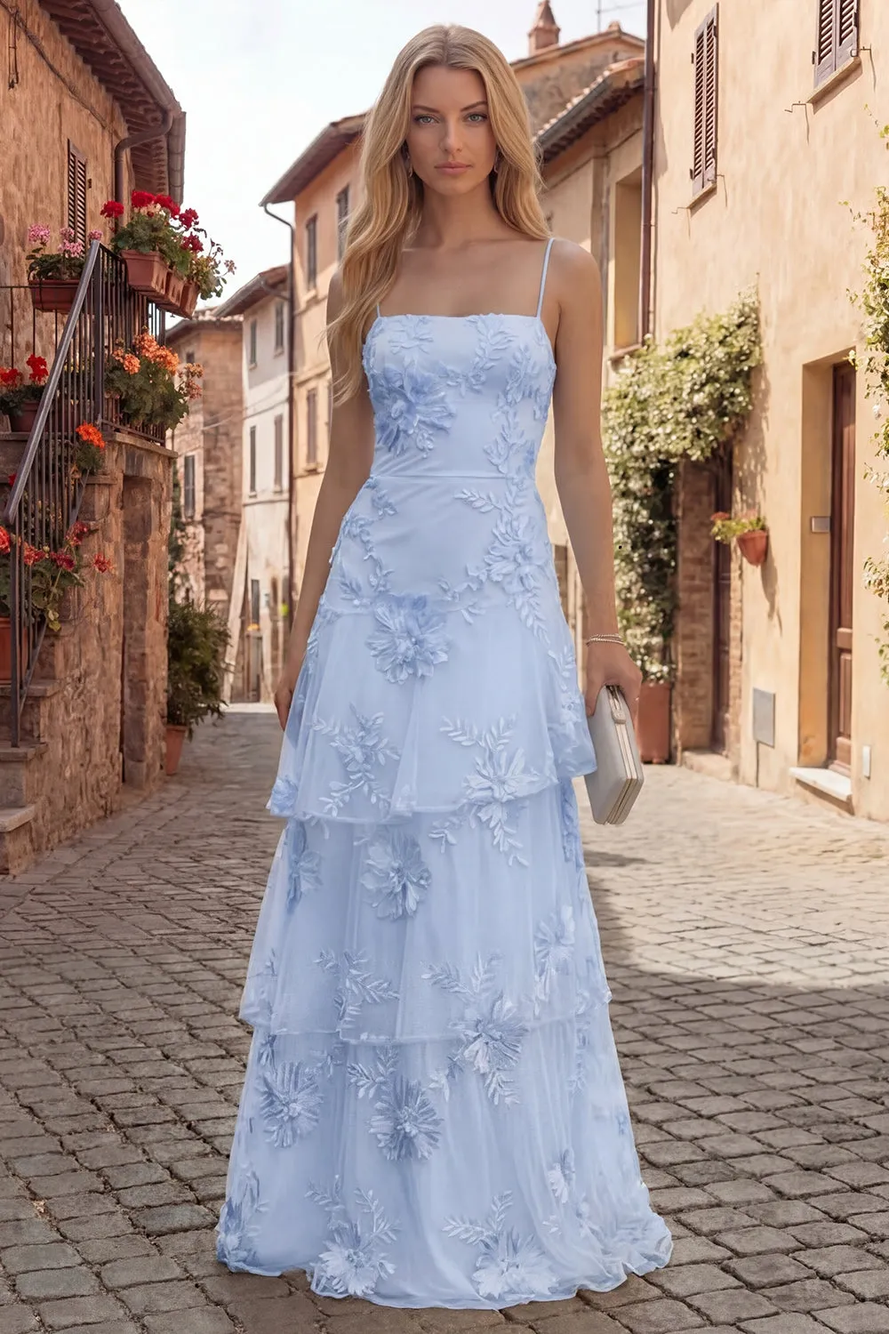 Yellow A-Line Spaghetti Straps Tiered Long Prom Dress with Floral Embroidery sold by Zapaka product image thumbnail 5