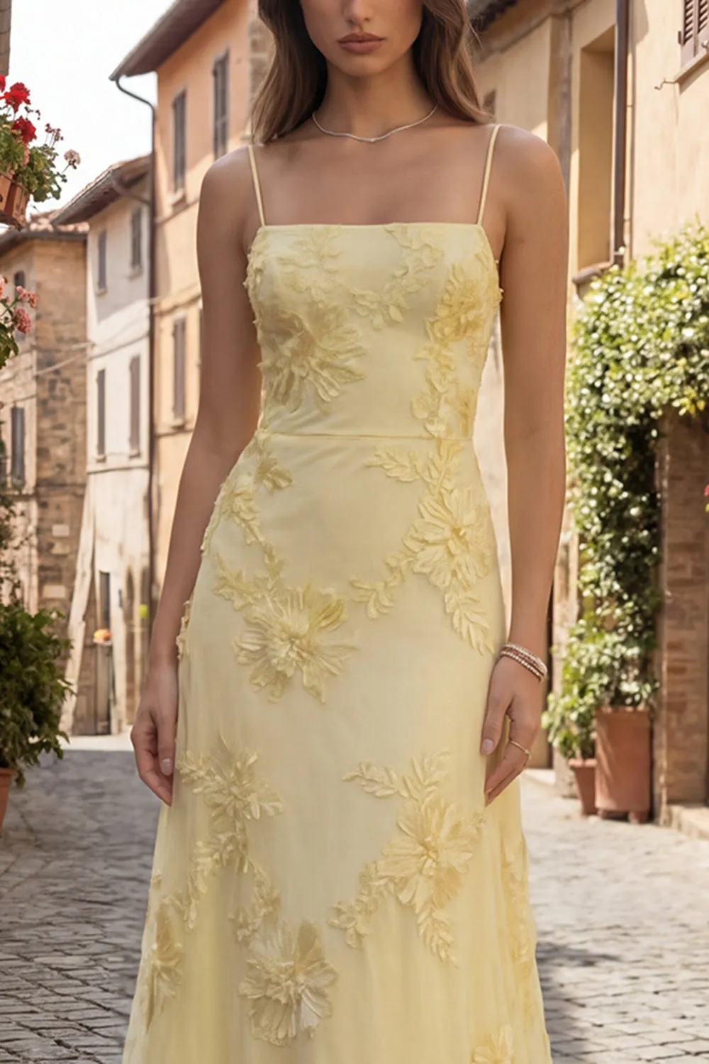 Yellow A-Line Spaghetti Straps Lace Up Back Long Prom Dress with Floral Embroidery sold by Zapaka product image thumbnail 4