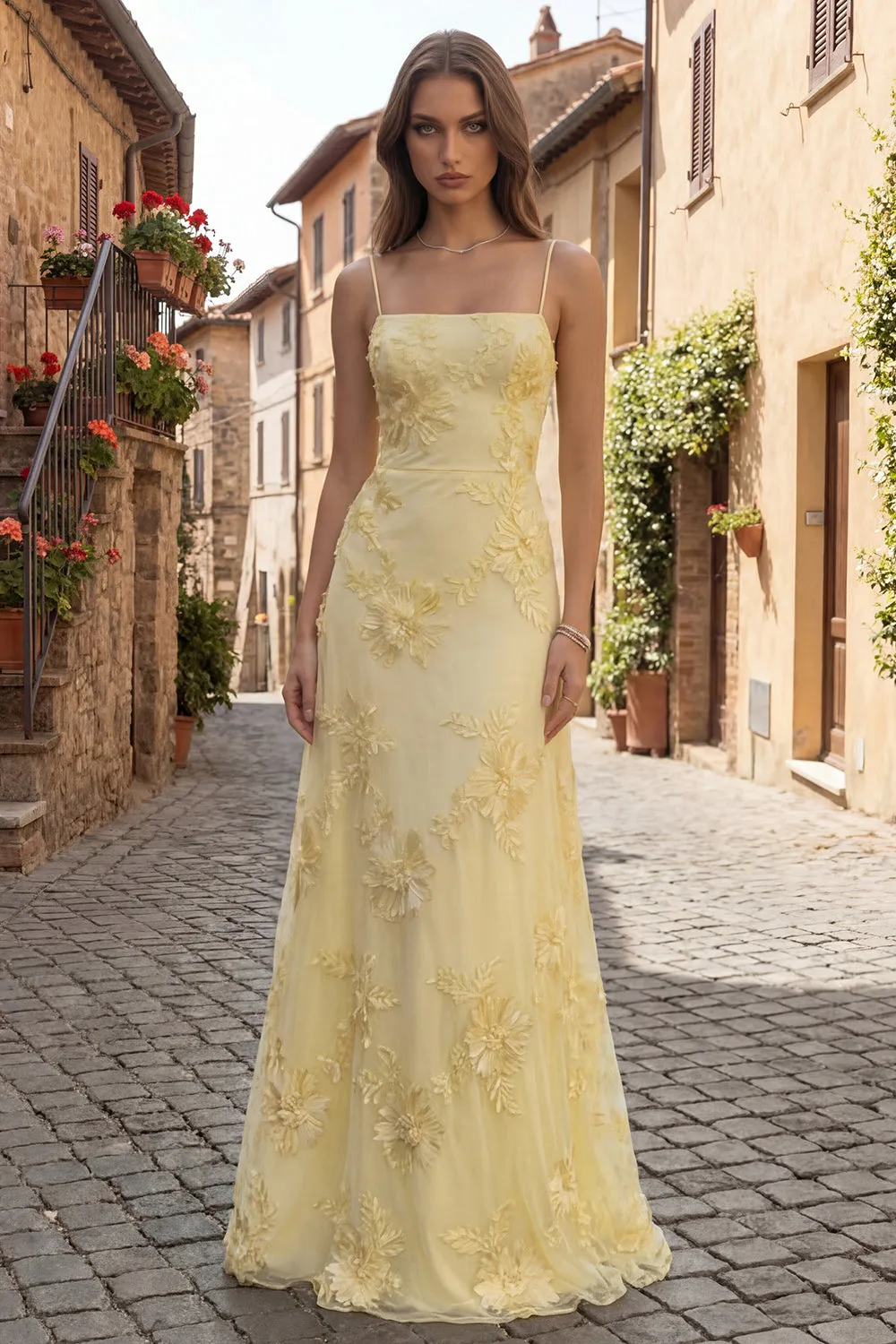 Yellow A-Line Spaghetti Straps Lace Up Back Long Prom Dress with Floral Embroidery sold by Zapaka