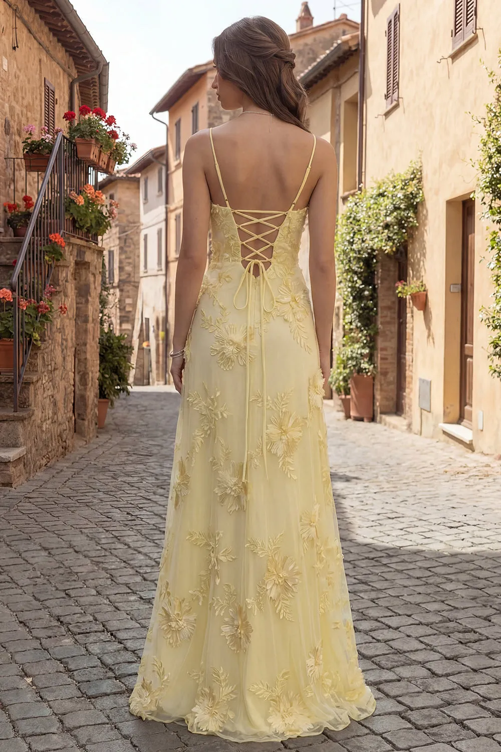 Yellow A-Line Spaghetti Straps Lace Up Back Long Prom Dress with Floral Embroidery sold by Zapaka product image thumbnail 2
