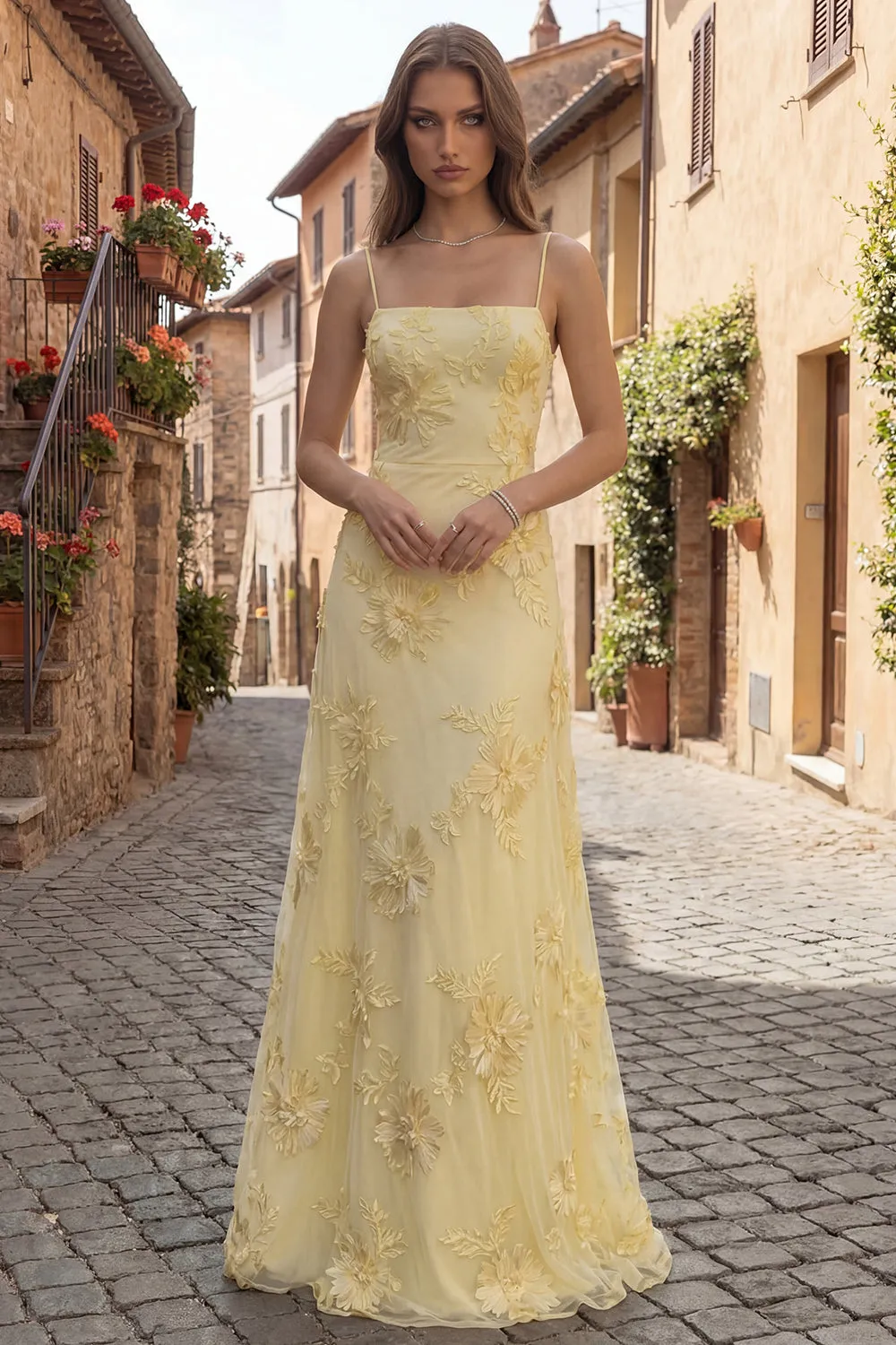Yellow A-Line Spaghetti Straps Lace Up Back Long Prom Dress with Floral Embroidery sold by Zapaka product image thumbnail 3