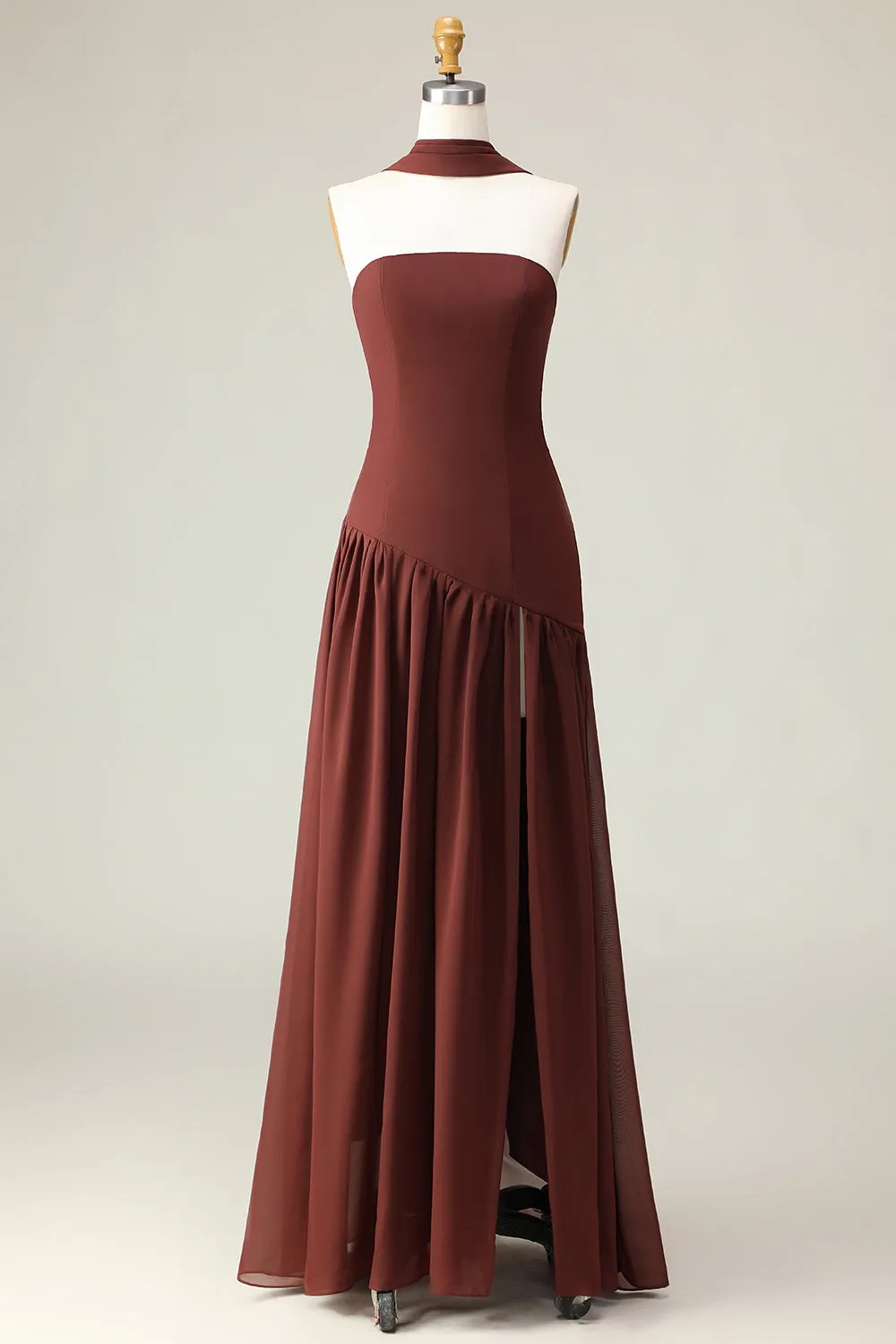 Brown A-Line Strapless Maxi Dress with Scarf sold by Zapaka