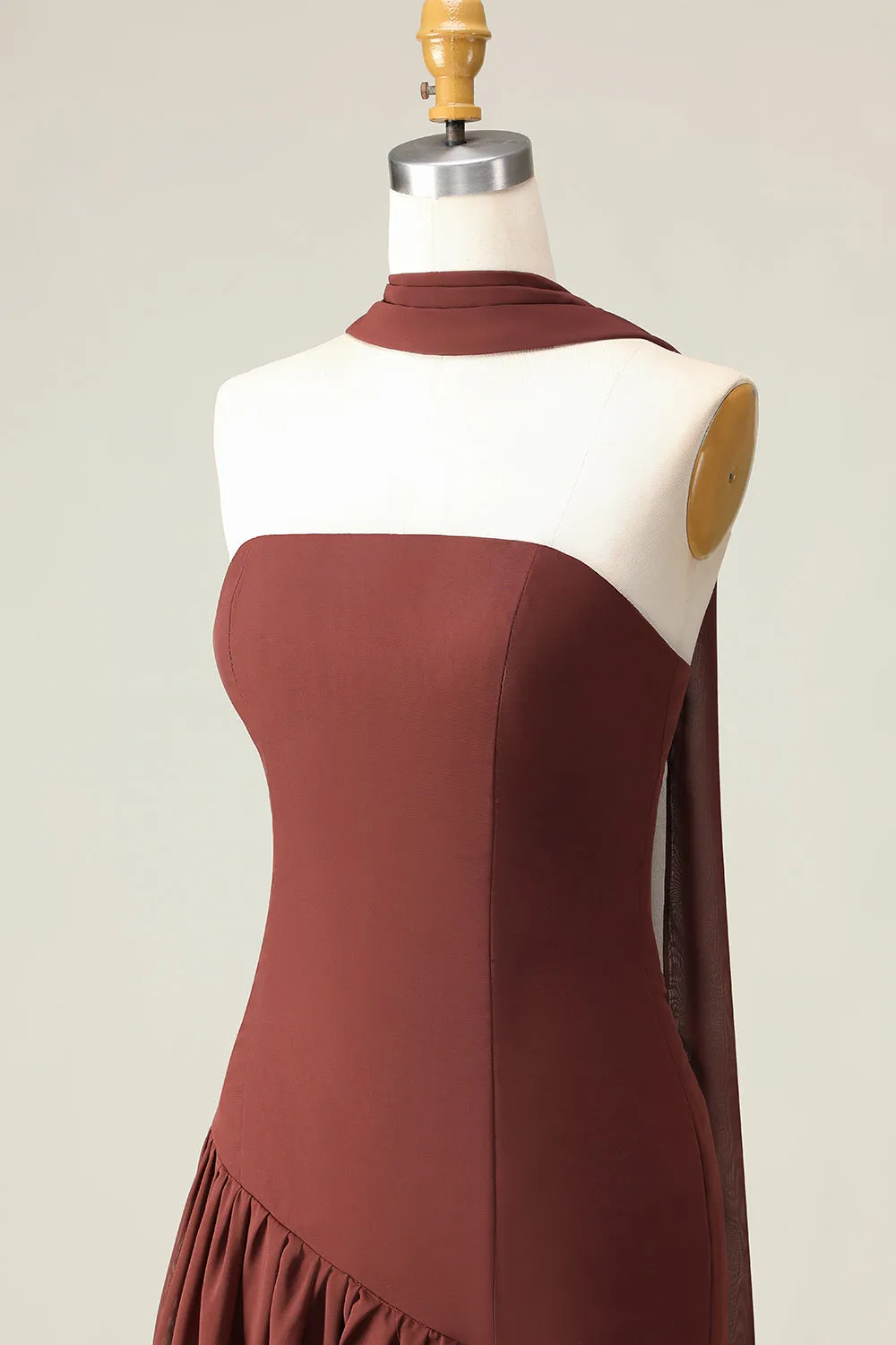 Brown A-Line Strapless Maxi Dress with Scarf sold by Zapaka product image thumbnail 5