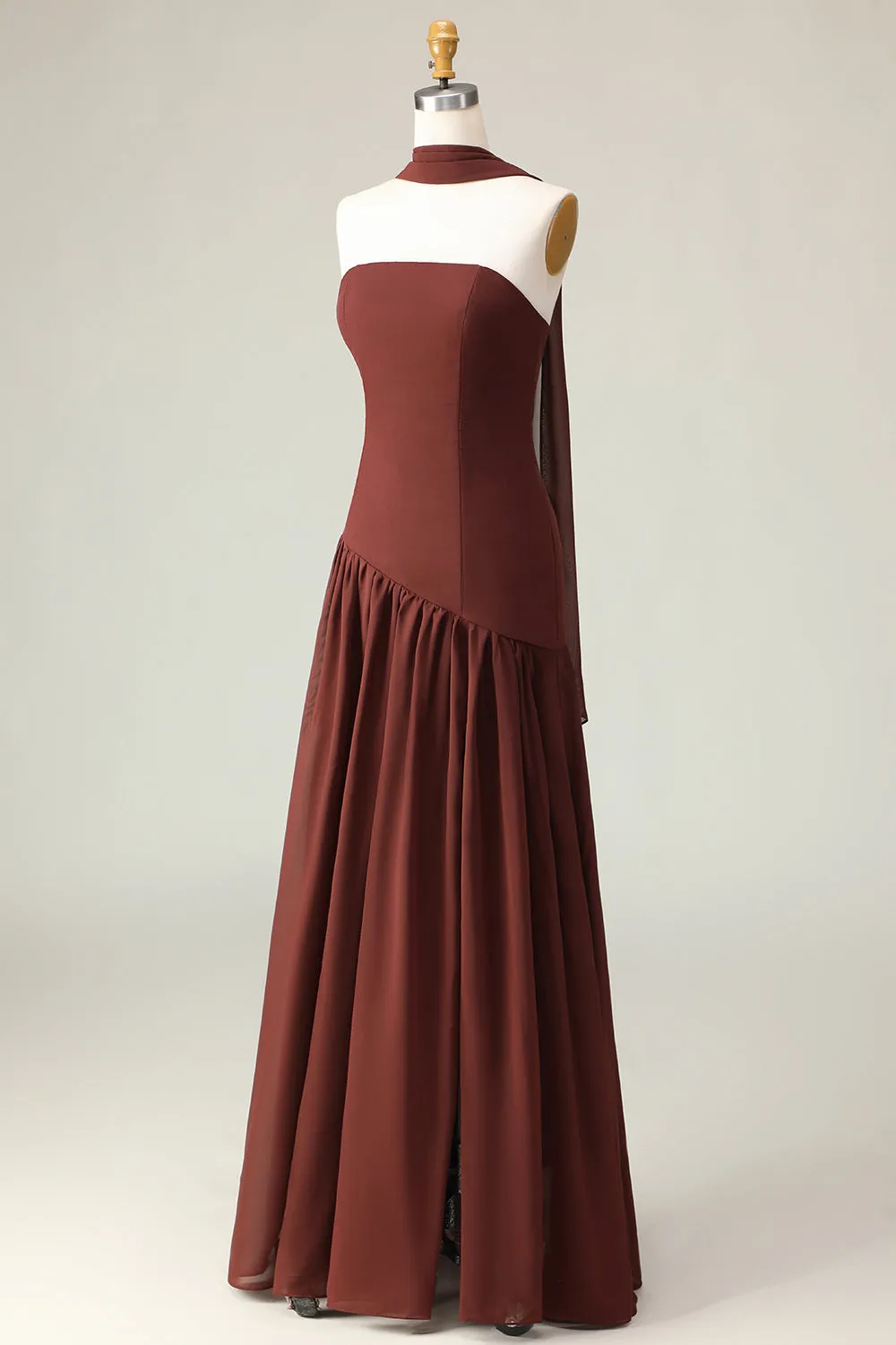 Brown A-Line Strapless Maxi Dress with Scarf sold by Zapaka product image thumbnail 2