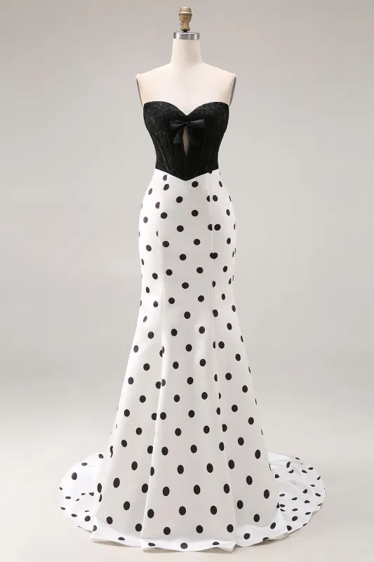 Black White Mermaid Cut Out Satin Long Polka Dots Dress with Bow made by Zapaka