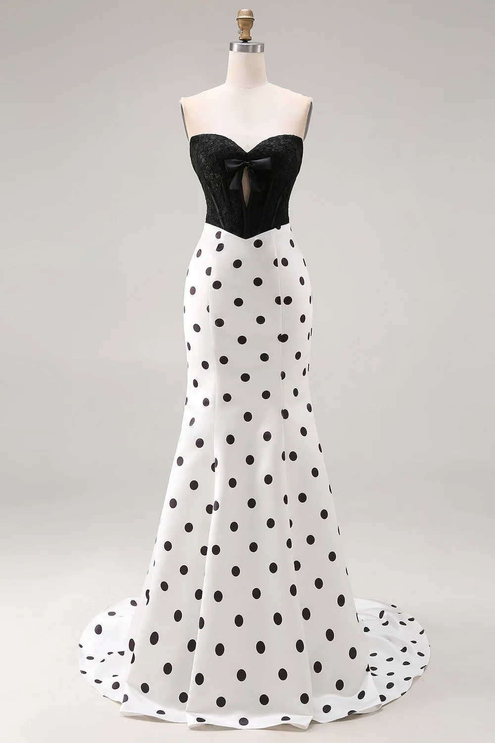 Black White Mermaid Cut Out Satin Long Polka Dots Dress with Bow sold by Zapaka