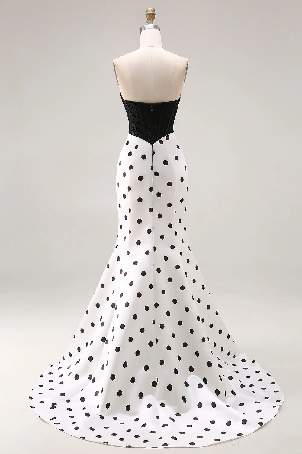Black White Mermaid Cut Out Satin Long Polka Dots Dress with Bow sold by Zapaka product image thumbnail 2