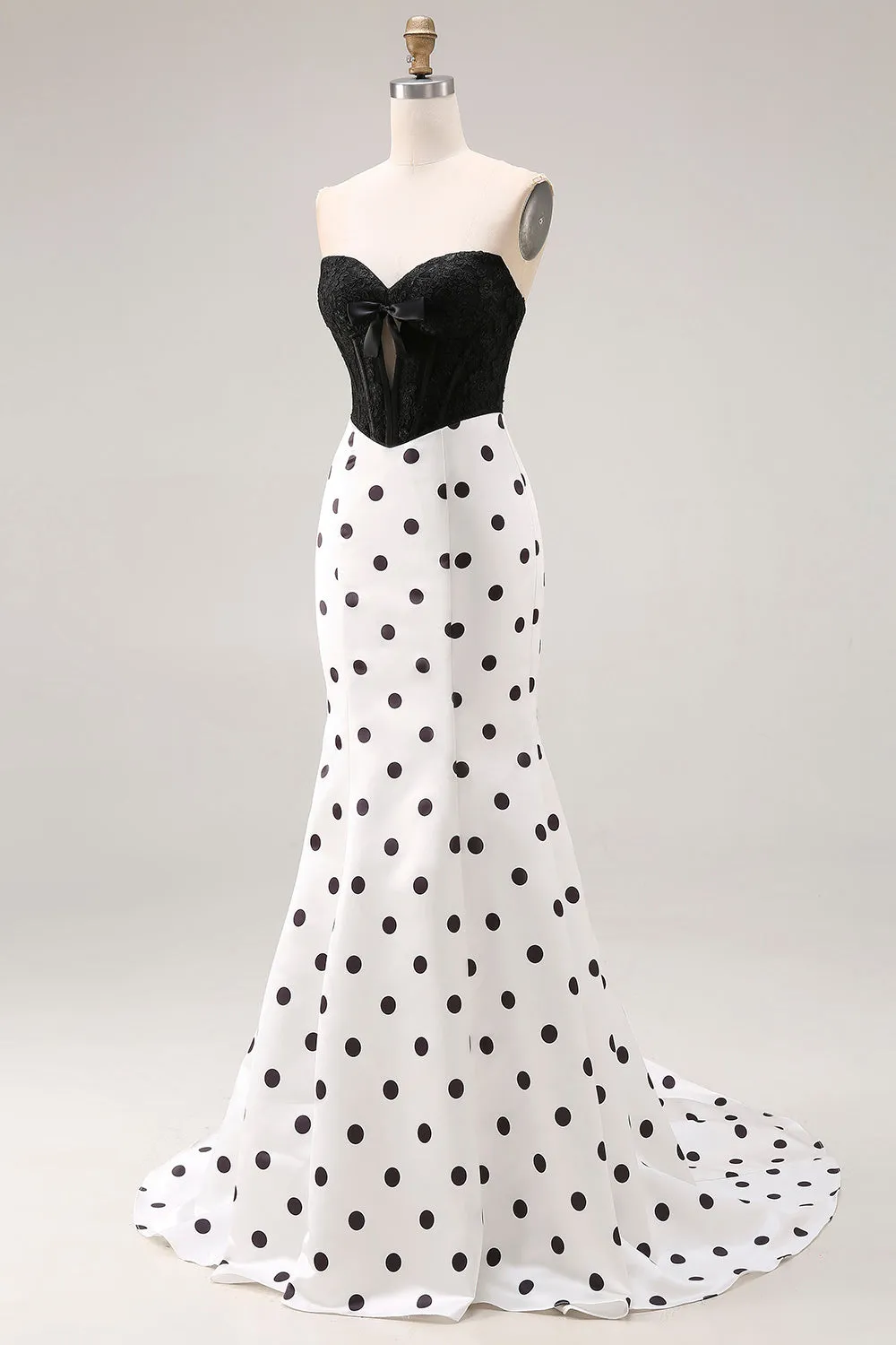 Black White Mermaid Cut Out Satin Long Polka Dots Dress with Bow sold by Zapaka product image thumbnail 5