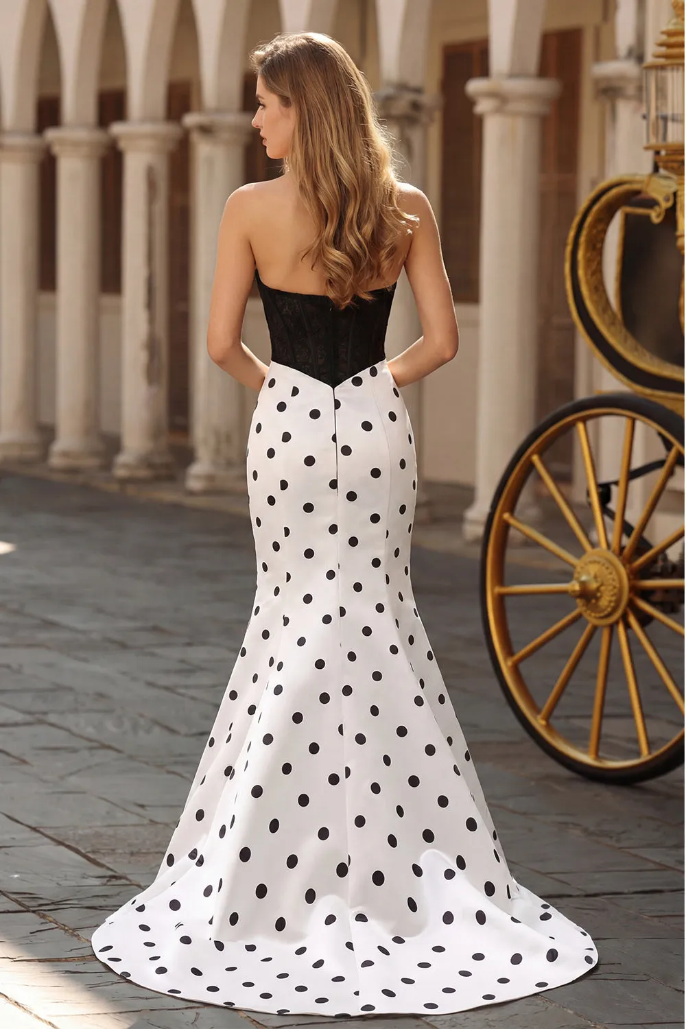 Black White Mermaid Cut Out Satin Long Polka Dots Dress with Bow sold by Zapaka product image thumbnail 4