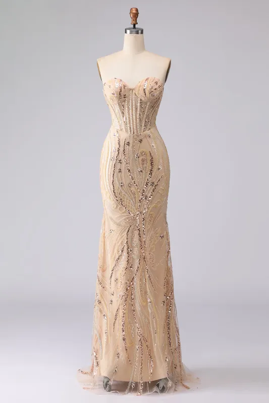 Champagne Mermaid Strapless Beaded Sequin Long Prom Dress with Lace Up Back sold by Zapaka