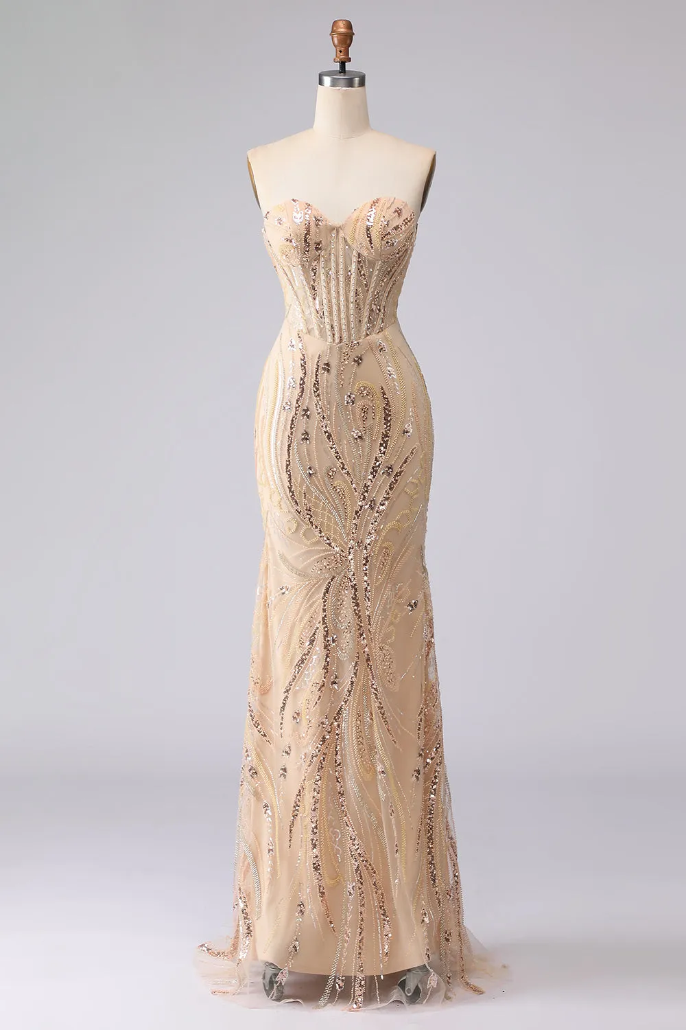 Champagne Mermaid Strapless Beaded Sequin Long Prom Dress with Lace Up Back sold by Zapaka