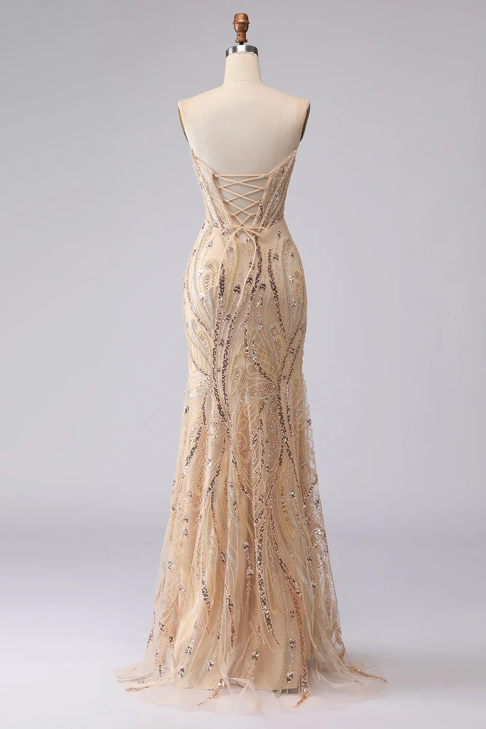 Champagne Mermaid Strapless Beaded Sequin Long Prom Dress with Lace Up Back sold by Zapaka product image thumbnail 2