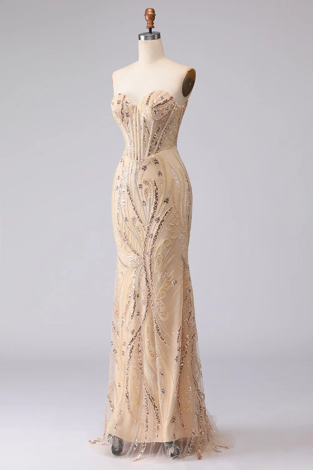 Champagne Mermaid Strapless Beaded Sequin Long Prom Dress with Lace Up Back sold by Zapaka product image thumbnail 5