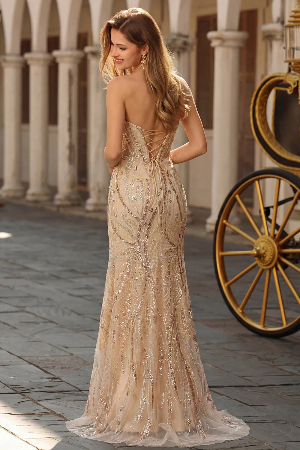 Champagne Mermaid Strapless Beaded Sequin Long Prom Dress with Lace Up Back sold by Zapaka product image thumbnail 4
