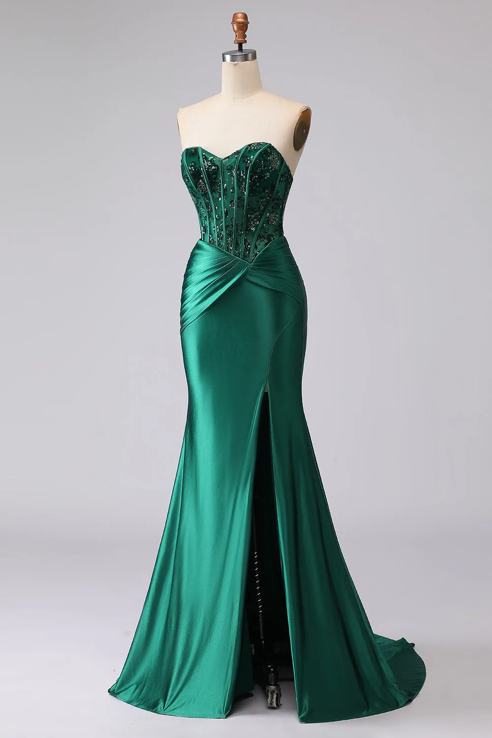 Dark Green Mermaid Strapless Corset Ruched Sequin Lace Up Back Prom Dress with Slit sold by Zapaka product image thumbnail 5