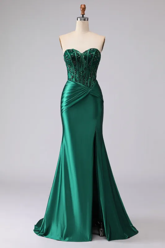 Dark Green Mermaid Strapless Corset Ruched Sequin Lace Up Back Prom Dress with Slit made by Zapaka