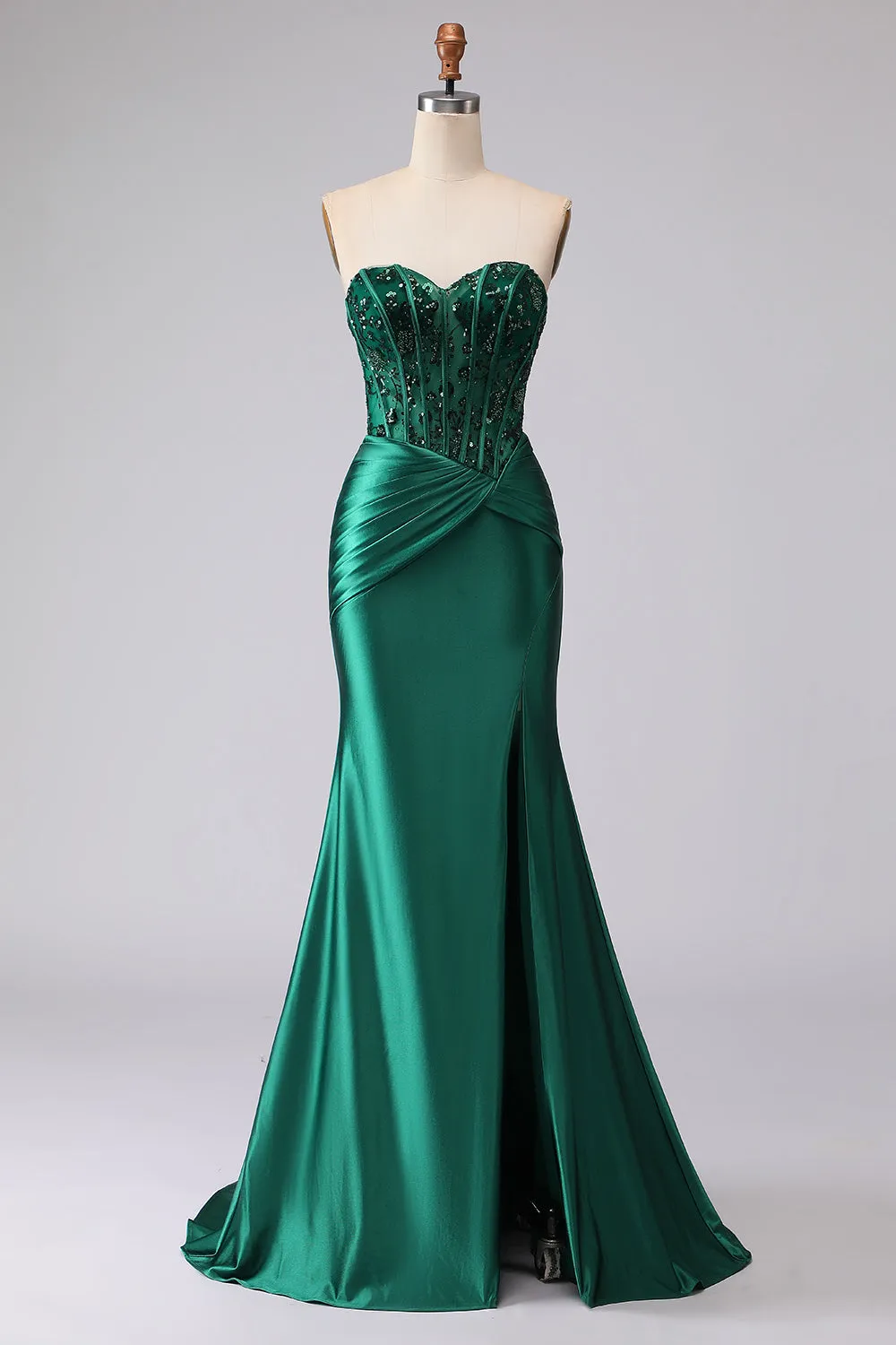 Dark Green Mermaid Strapless Corset Ruched Sequin Lace Up Back Prom Dress with Slit sold by Zapaka