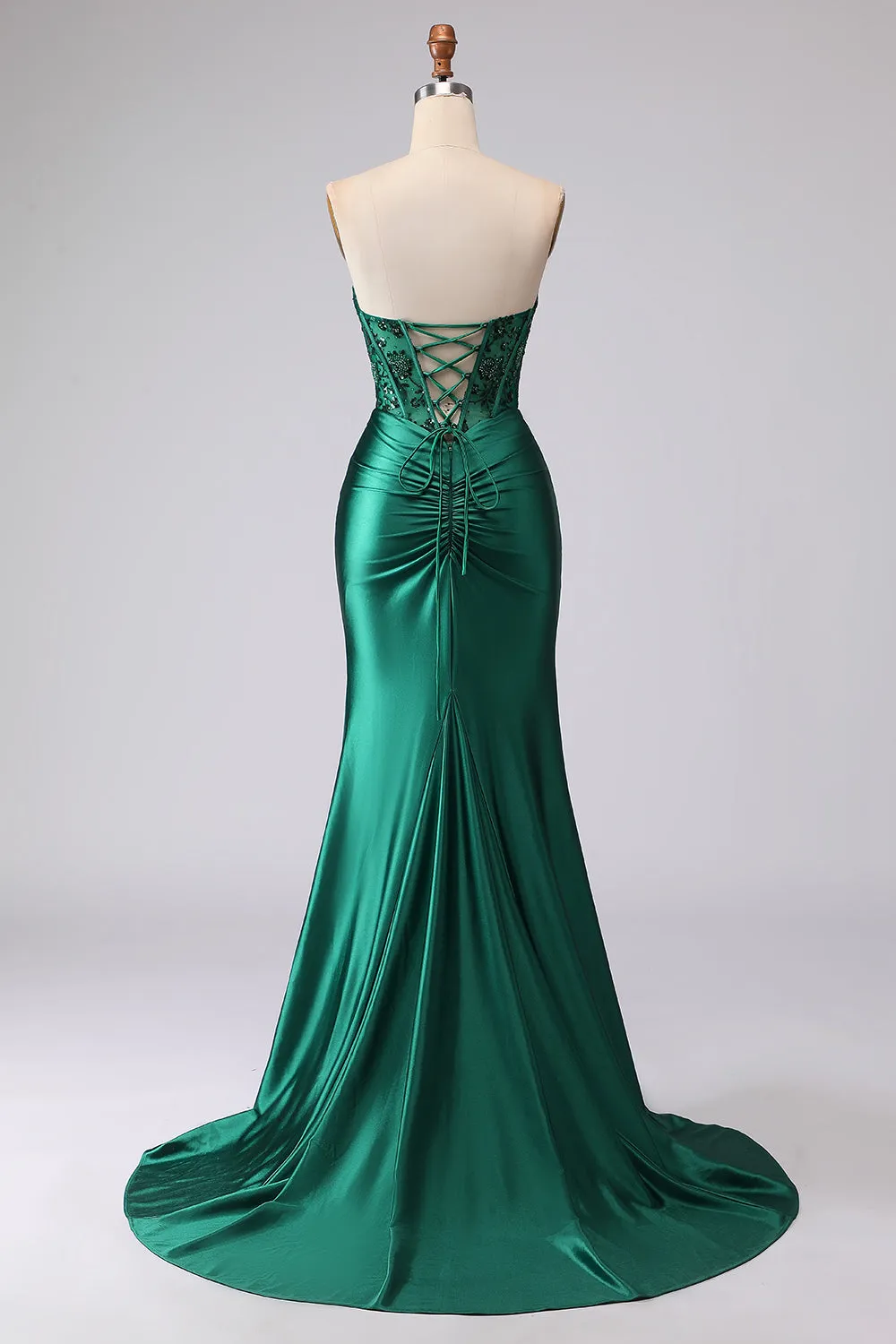Dark Green Mermaid Strapless Corset Ruched Sequin Lace Up Back Prom Dress with Slit sold by Zapaka product image thumbnail 2