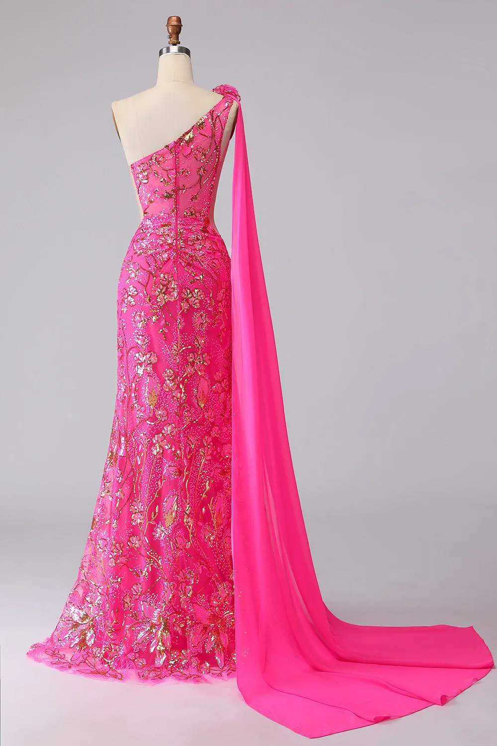 Fuchsia Mermaid Corset One Shoulder Cut Out Streamer Long Prom Dress with Slit sold by Zapaka product image thumbnail 2