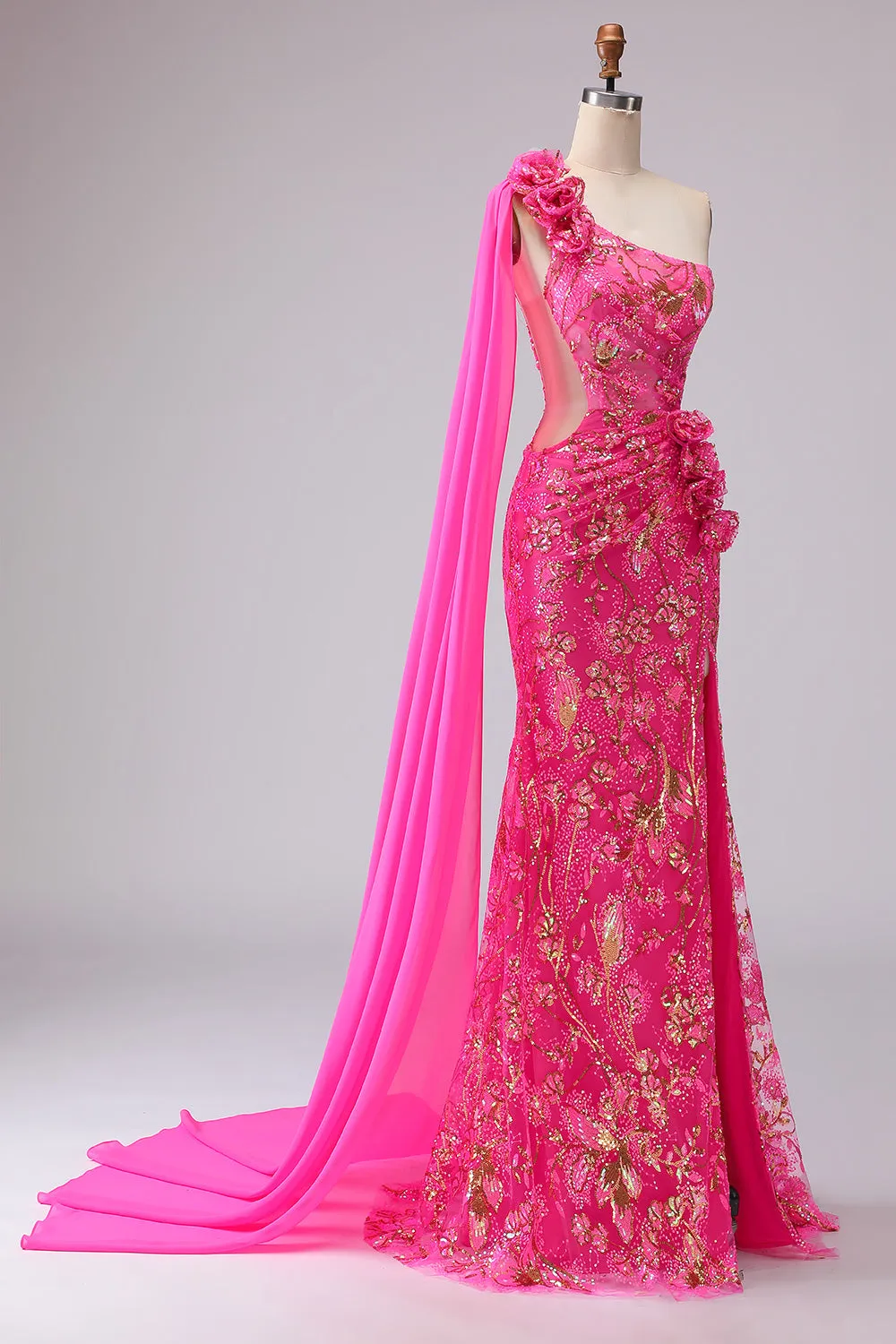 Fuchsia Mermaid Corset One Shoulder Cut Out Streamer Long Prom Dress with Slit sold by Zapaka product image thumbnail 5