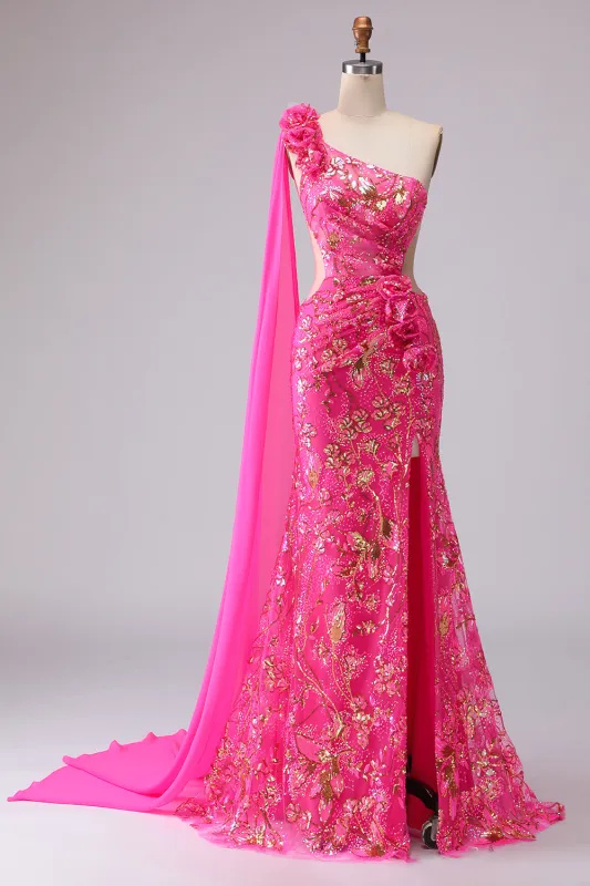 Fuchsia Mermaid Corset One Shoulder Cut Out Streamer Long Prom Dress with Slit made by Zapaka