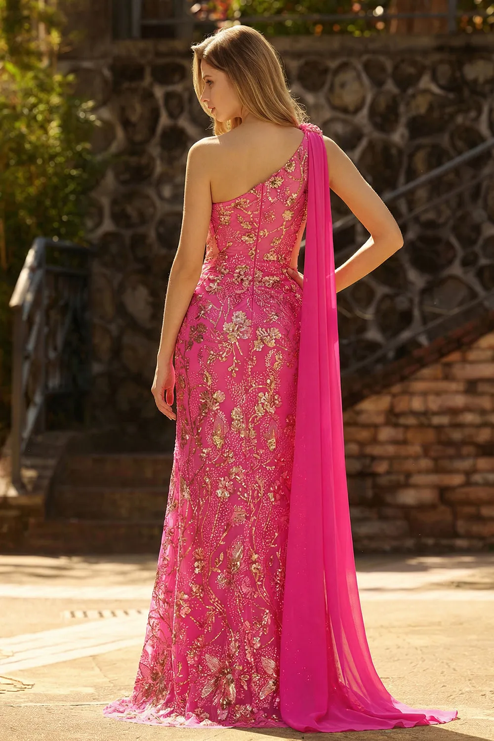 Fuchsia Mermaid Corset One Shoulder Cut Out Streamer Long Prom Dress with Slit sold by Zapaka product image thumbnail 4