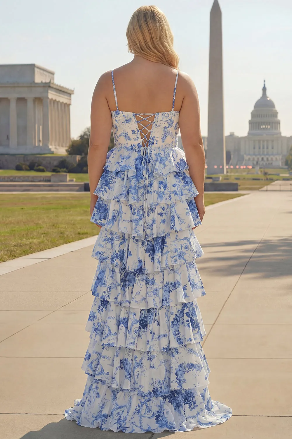 A Line White Blue Floral Basque Waist Corset Tiered Long Plus Size Prom Dress with Slit sold by Zapaka product image thumbnail 2