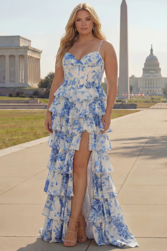 A Line White Blue Floral Basque Waist Corset Tiered Long Plus Size Prom Dress with Slit sold by Zapaka