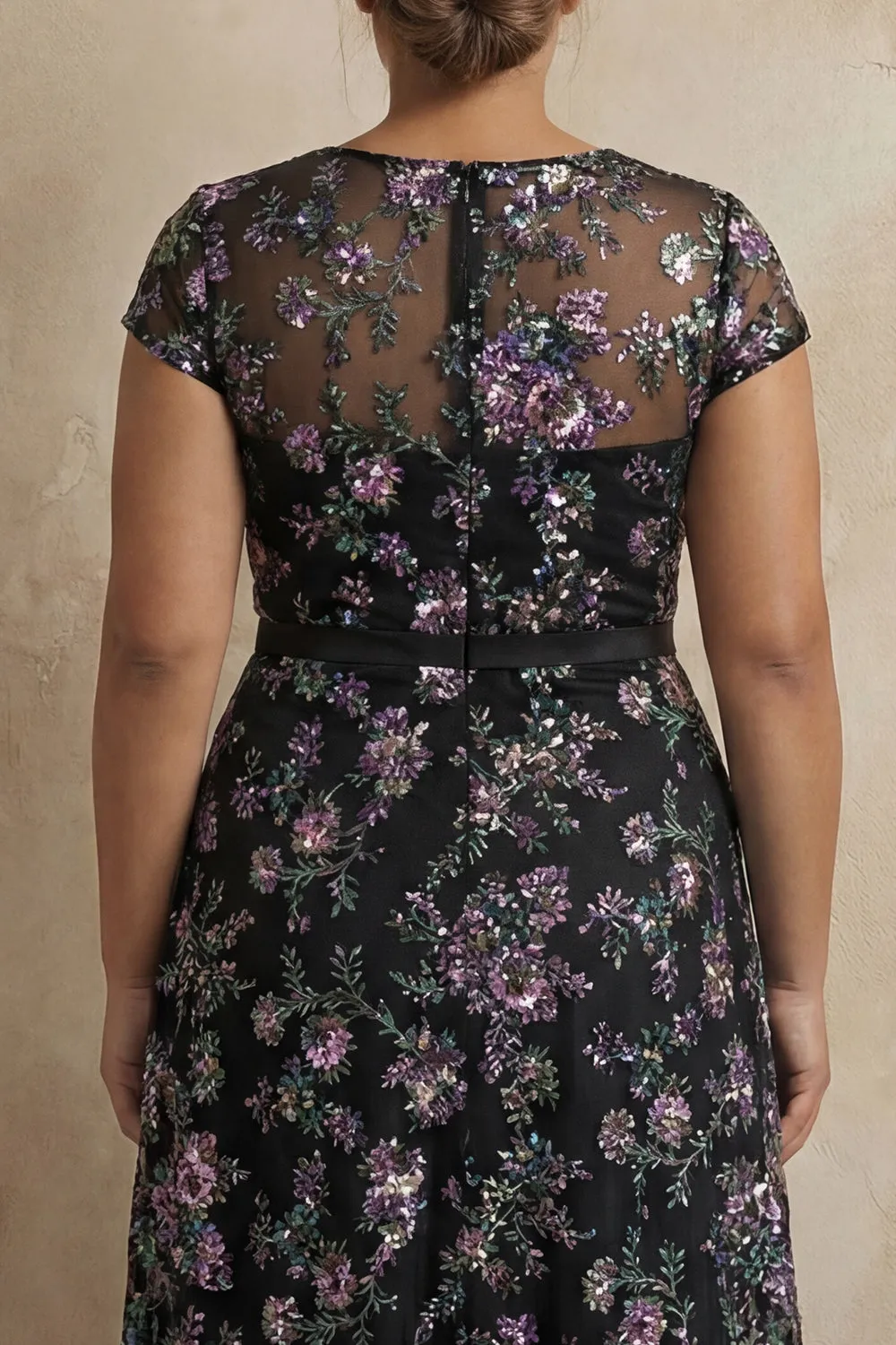 Black A-Line Embroidered Cap Sleeves Plus Size Long Mother of the Bride Dress sold by Zapaka product image thumbnail 4