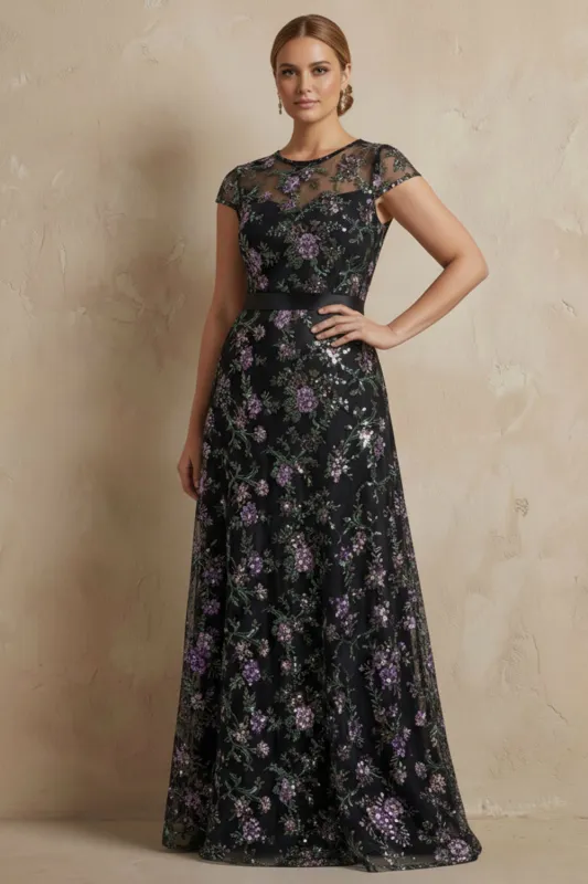 Black A-Line Embroidered Cap Sleeves Plus Size Long Mother of the Bride Dress sold by Zapaka