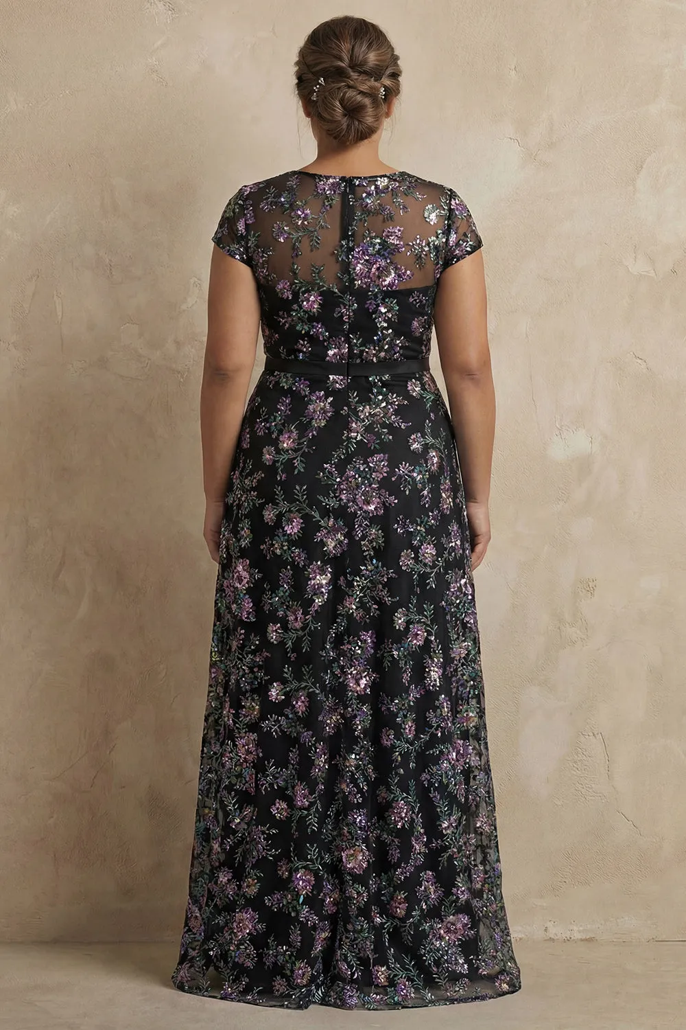Black A-Line Embroidered Cap Sleeves Plus Size Long Mother of the Bride Dress sold by Zapaka product image thumbnail 2