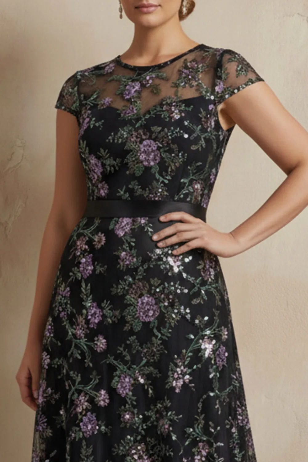 Black A-Line Embroidered Cap Sleeves Plus Size Long Mother of the Bride Dress sold by Zapaka product image thumbnail 3