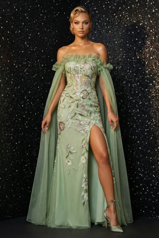 Green Ruffled Strapless Floral Embroidery Corset Mermaid Prom Dress with Slit made by Zapaka