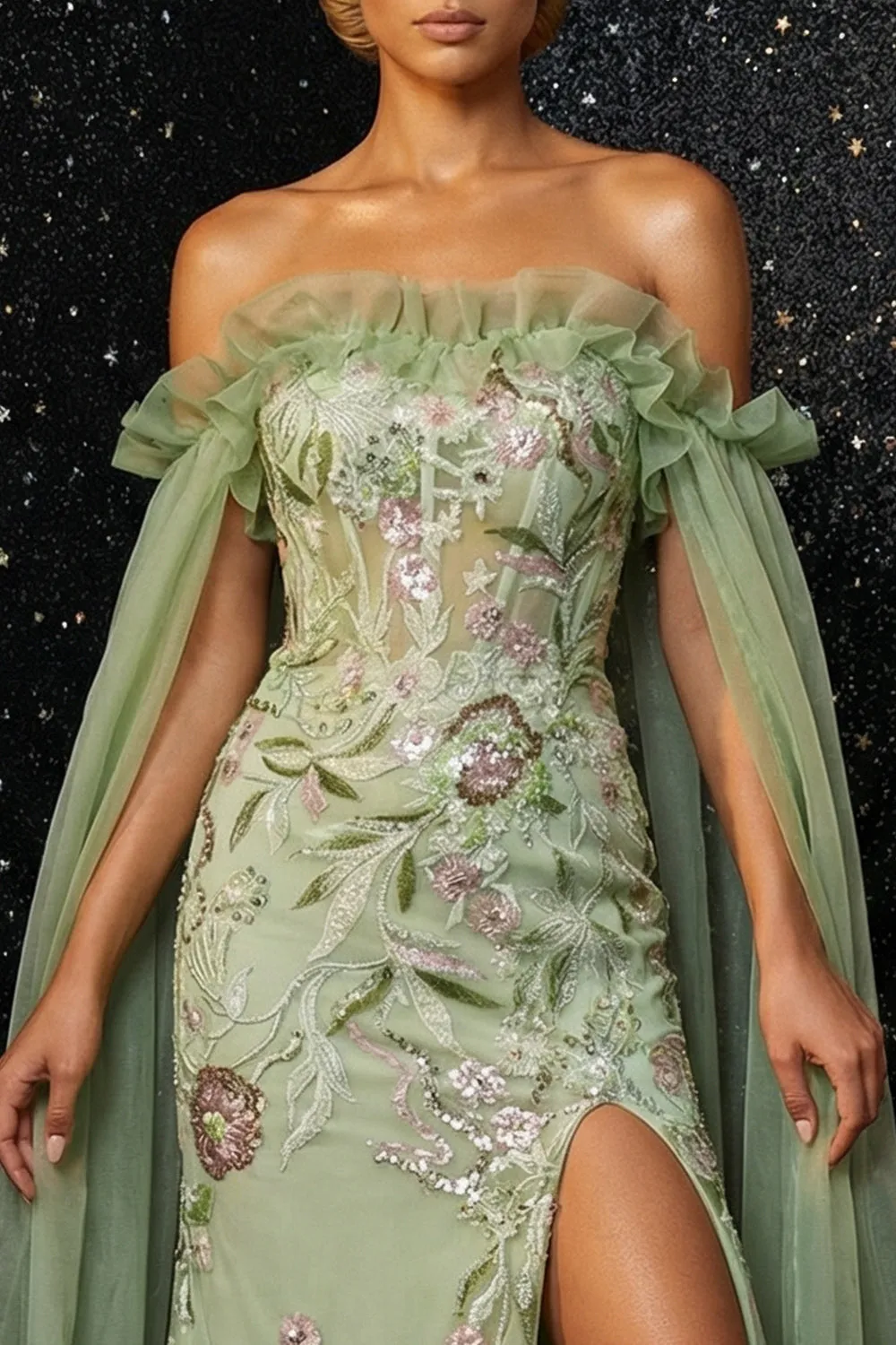 Green Ruffled Strapless Floral Embroidery Corset Mermaid Prom Dress with Slit sold by Zapaka product image thumbnail 2