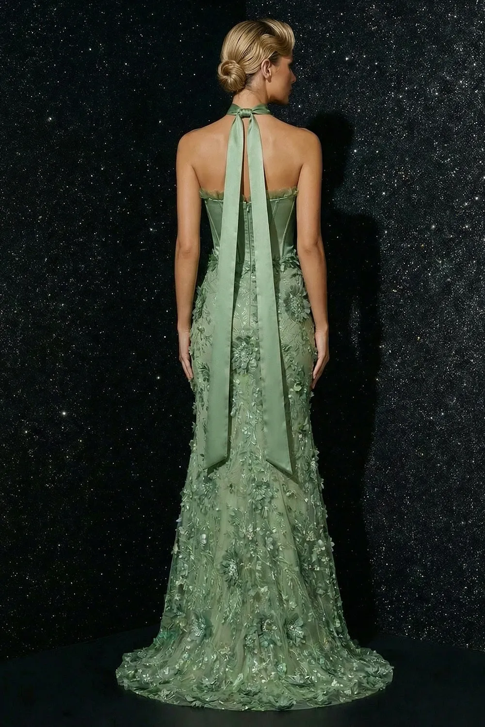 Green Embroidered Ruffled Strapless Corset Mermaid Long Prom Dress with Slit sold by Zapaka product image thumbnail 2