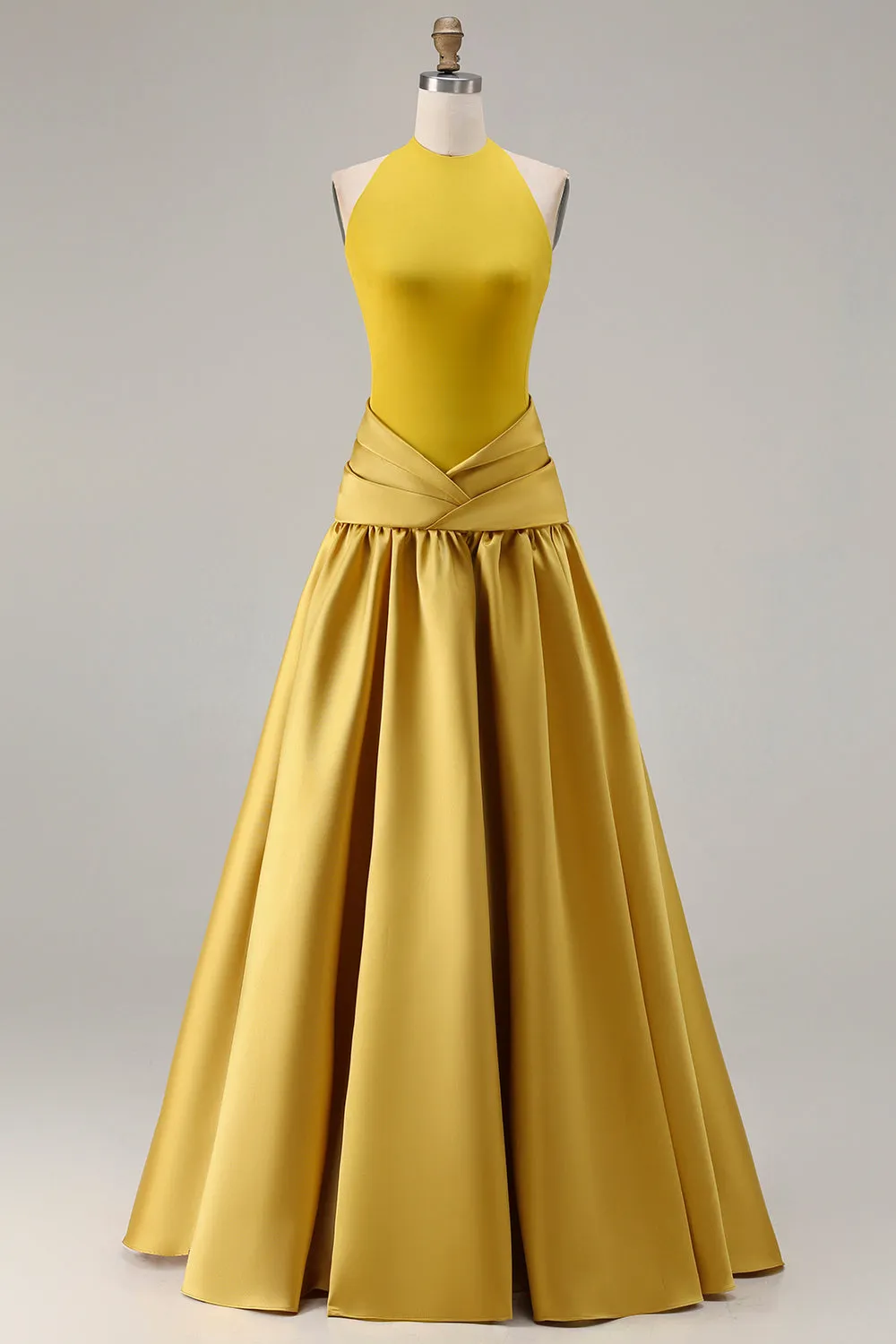 Bronze A Line Halter Ruched Long Satin Prom Dress with Back Zipper sold by Zapaka