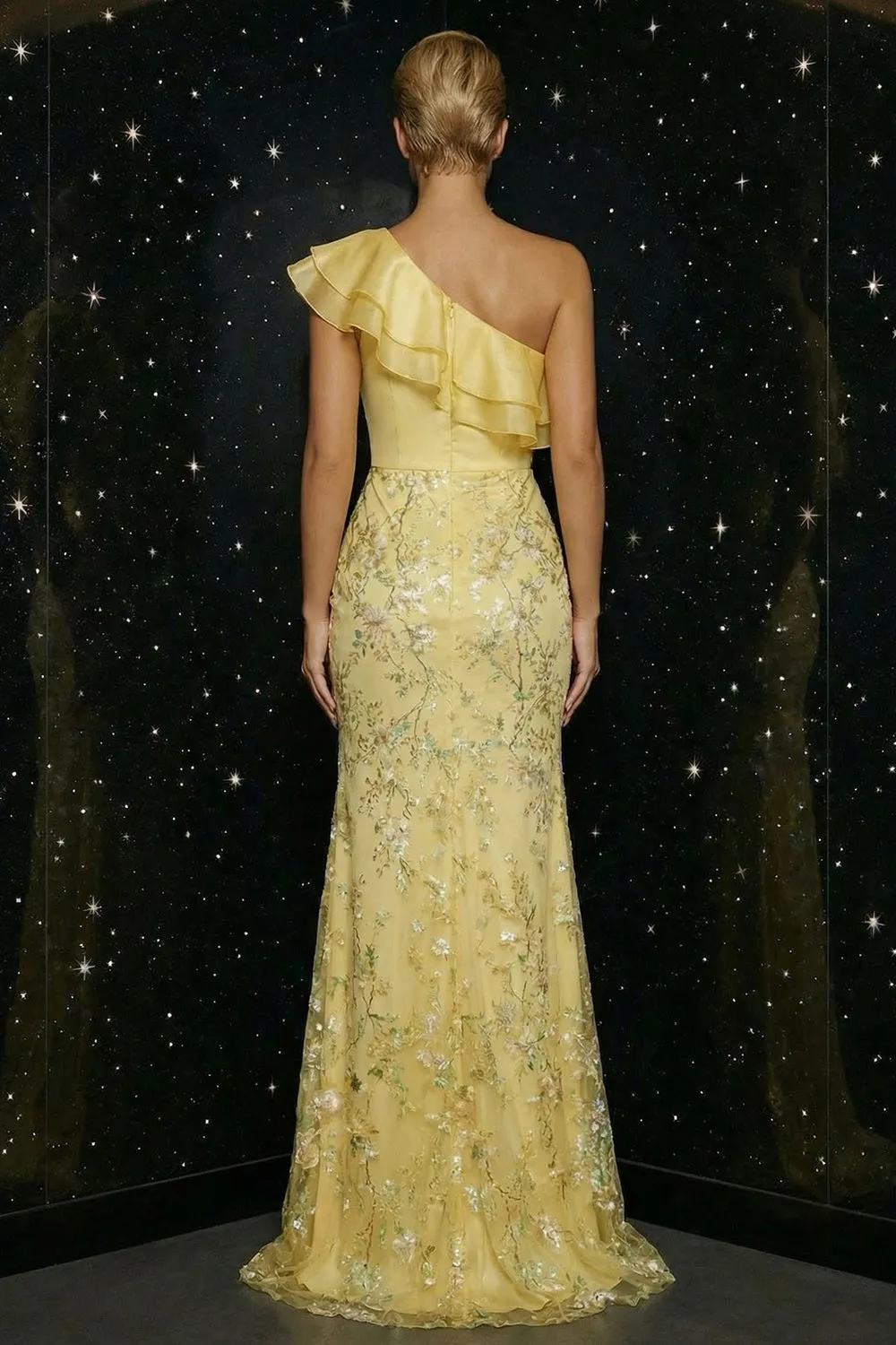 Sparkly Yellow Mermaid Appliqued One Shoulder Ruffled Long Prom Dress with Slit sold by Zapaka product image thumbnail 2