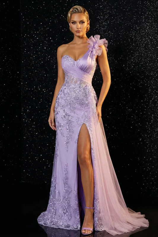 Sparkly Purple Mermaid Appliqued Ruffled One Shoulder Long Prom Dress with Slit made by Zapaka