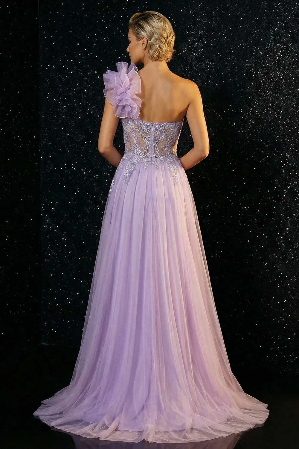 Sparkly Purple Mermaid Appliqued Ruffled One Shoulder Long Prom Dress with Slit sold by Zapaka product image thumbnail 2