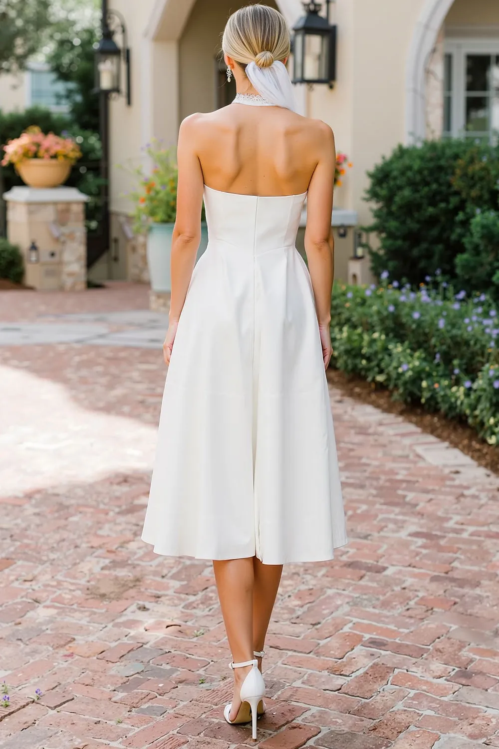 White A Line Lace Halter Midi Wedding Dress sold by Zapaka product image thumbnail 2