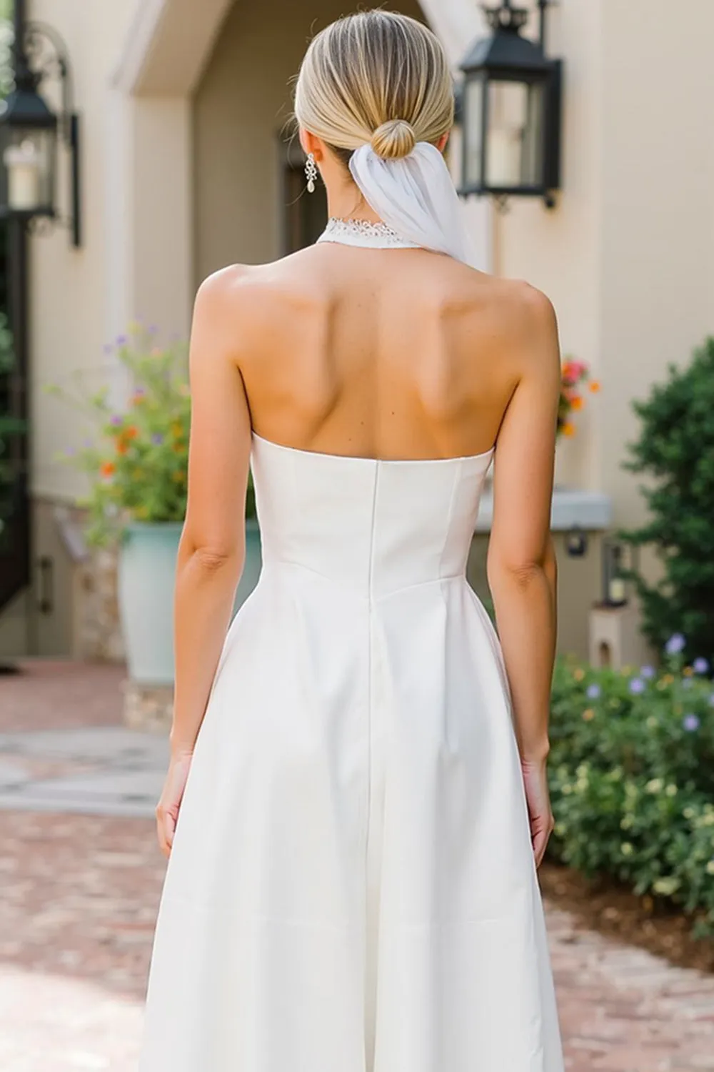 White A Line Lace Halter Midi Wedding Dress sold by Zapaka product image thumbnail 4