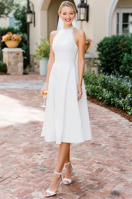 White A Line Lace Halter Midi Wedding Dress sold by Zapaka