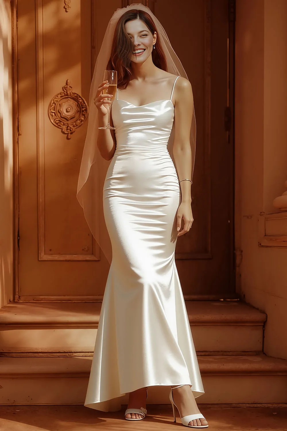 White Spaghetti Straps Satin Mermaid Long Wedding Dress sold by Zapaka product image thumbnail 2