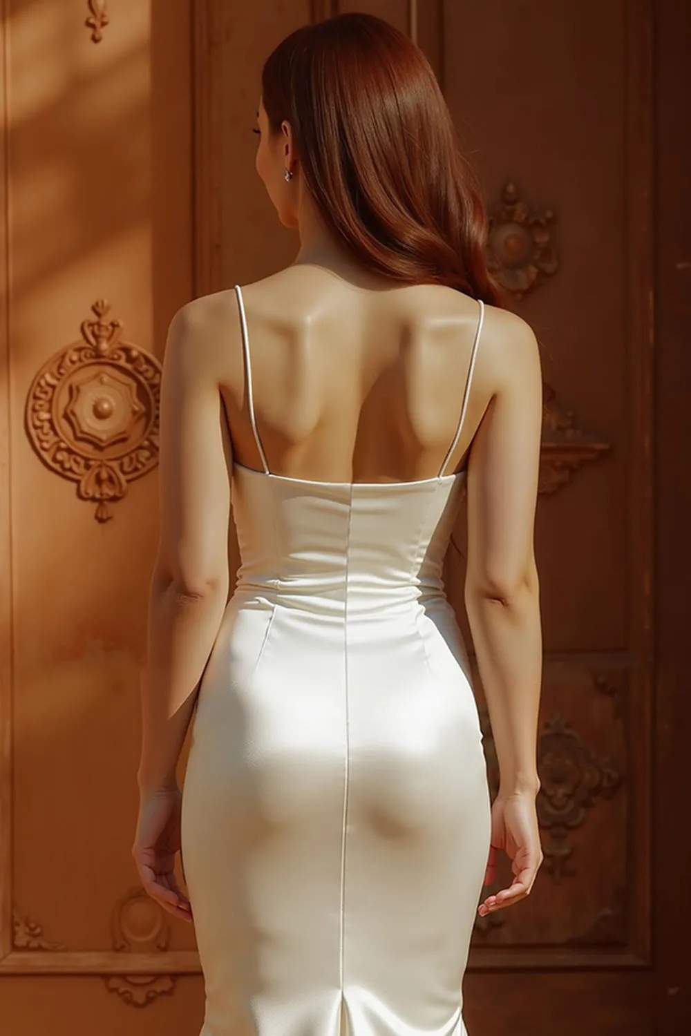 White Spaghetti Straps Satin Mermaid Long Wedding Dress sold by Zapaka product image thumbnail 5