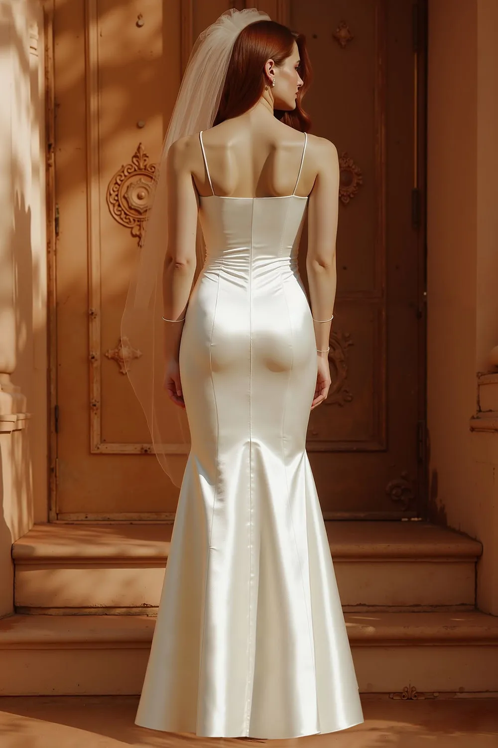 White Spaghetti Straps Satin Mermaid Long Wedding Dress sold by Zapaka product image thumbnail 3